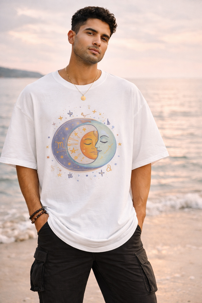 Cosmologic India – Cosmic Energy Oversized T-Shirt for Men | Sun & Moon Graphic Tee