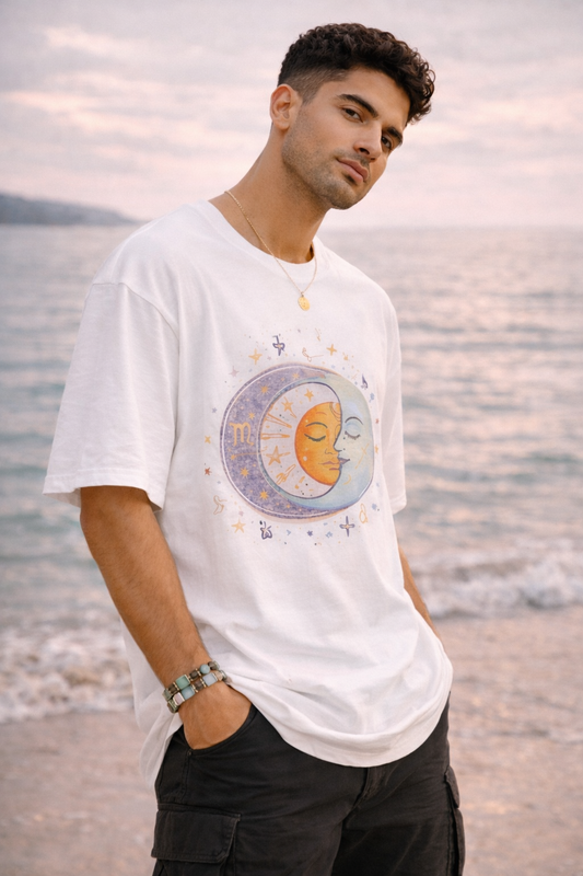 Cosmologic India – Cosmic Energy Oversized T-Shirt for Men | Sun & Moon Graphic Tee
