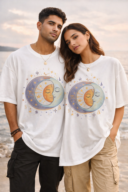 Cosmologic India – Cosmic Energy Oversized T-Shirt for Women | Sun & Moon Graphic | Spiritual Aesthetic Tee