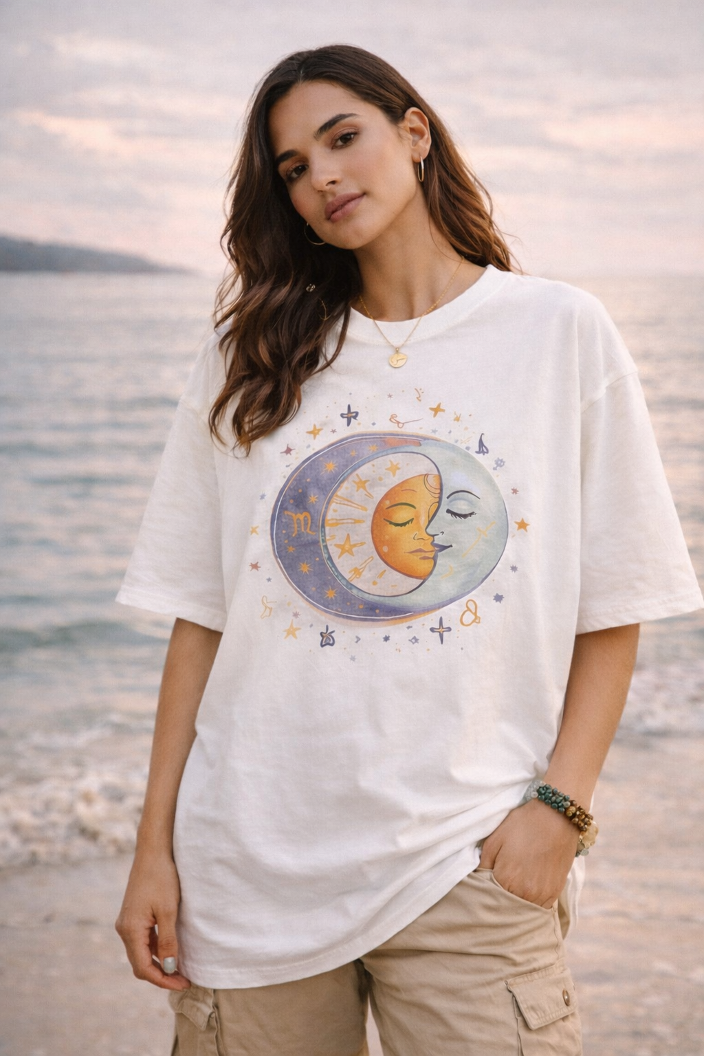 Cosmologic India – Cosmic Energy Oversized T-Shirt for Women | Sun & Moon Graphic | Spiritual Aesthetic Tee