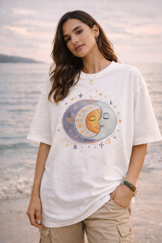 Cosmologic India – Cosmic Energy Oversized T-Shirt for Women | Sun & Moon Graphic | Spiritual Aesthetic Tee