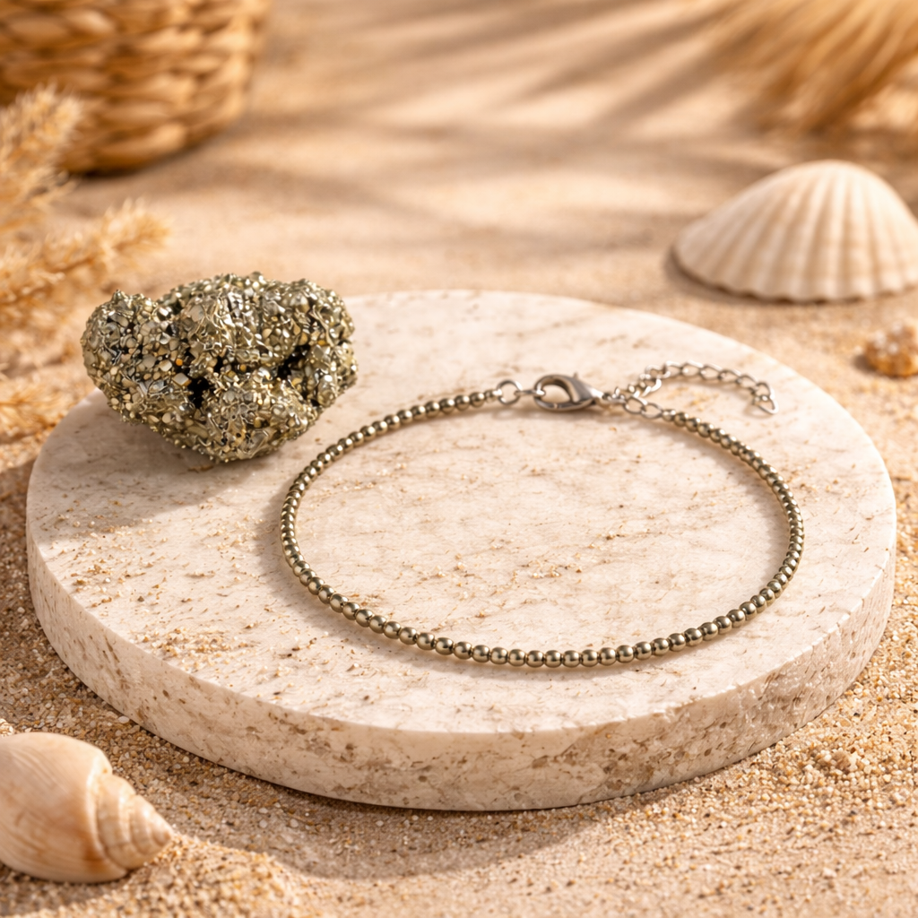 Diamond-Cut Raw Pyrite Beaded Anklet with Stone