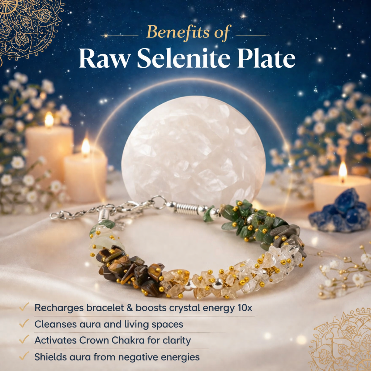 Dhan Sukh Crystal Chips Bracelet with Raw Selenite Plate
