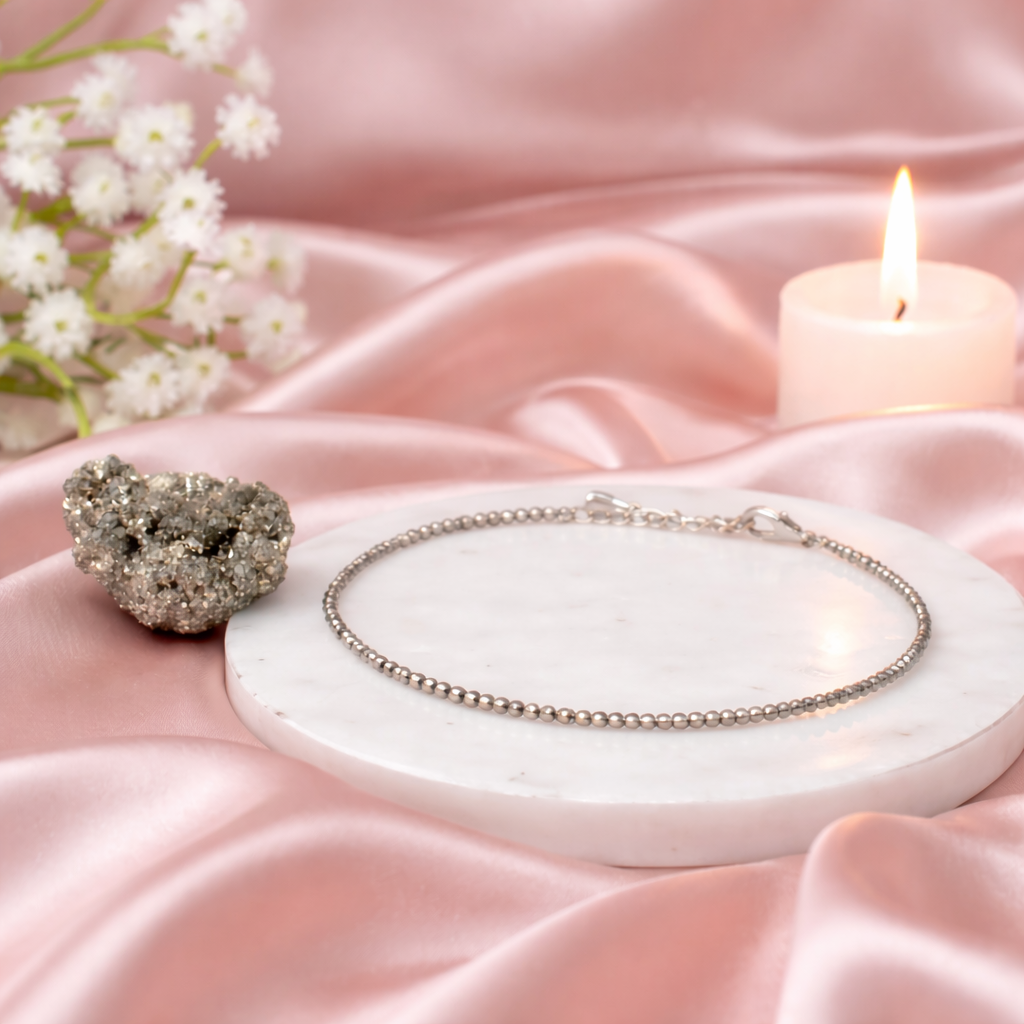 Diamond-Cut Raw Pyrite Beaded Anklet with Stone