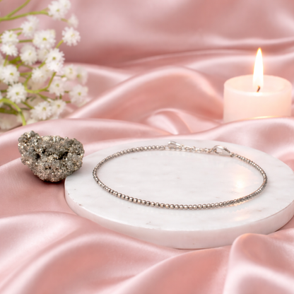 Diamond-Cut Raw Pyrite Beaded Anklet with Stone