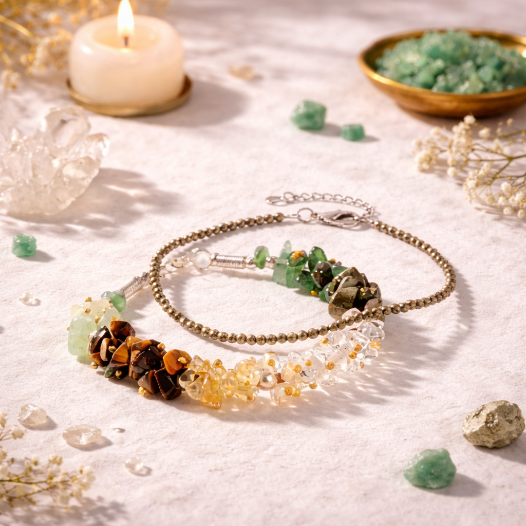 Dhan Yog Crystal Chips Bracelet & Raw Pyrite Anklet Set