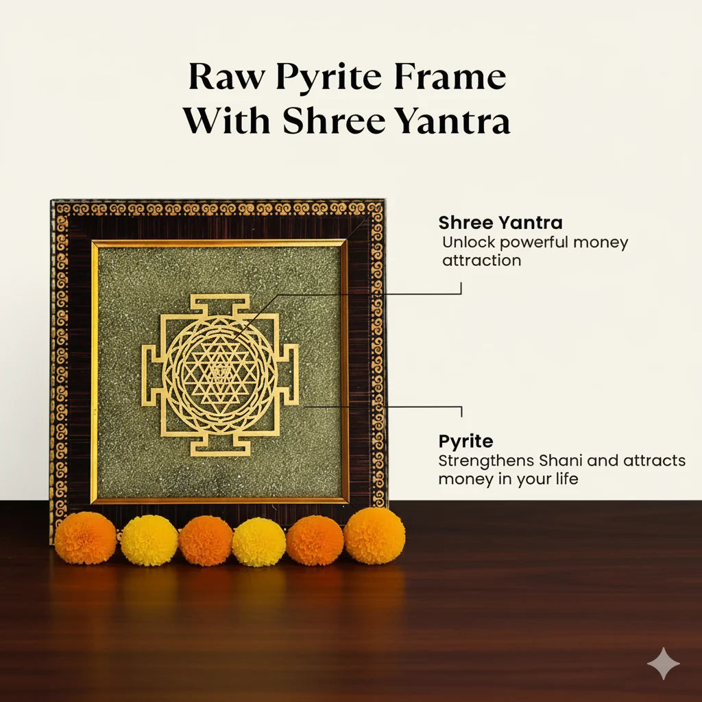 Shree Yantra on Raw Pyrite Stone Frame