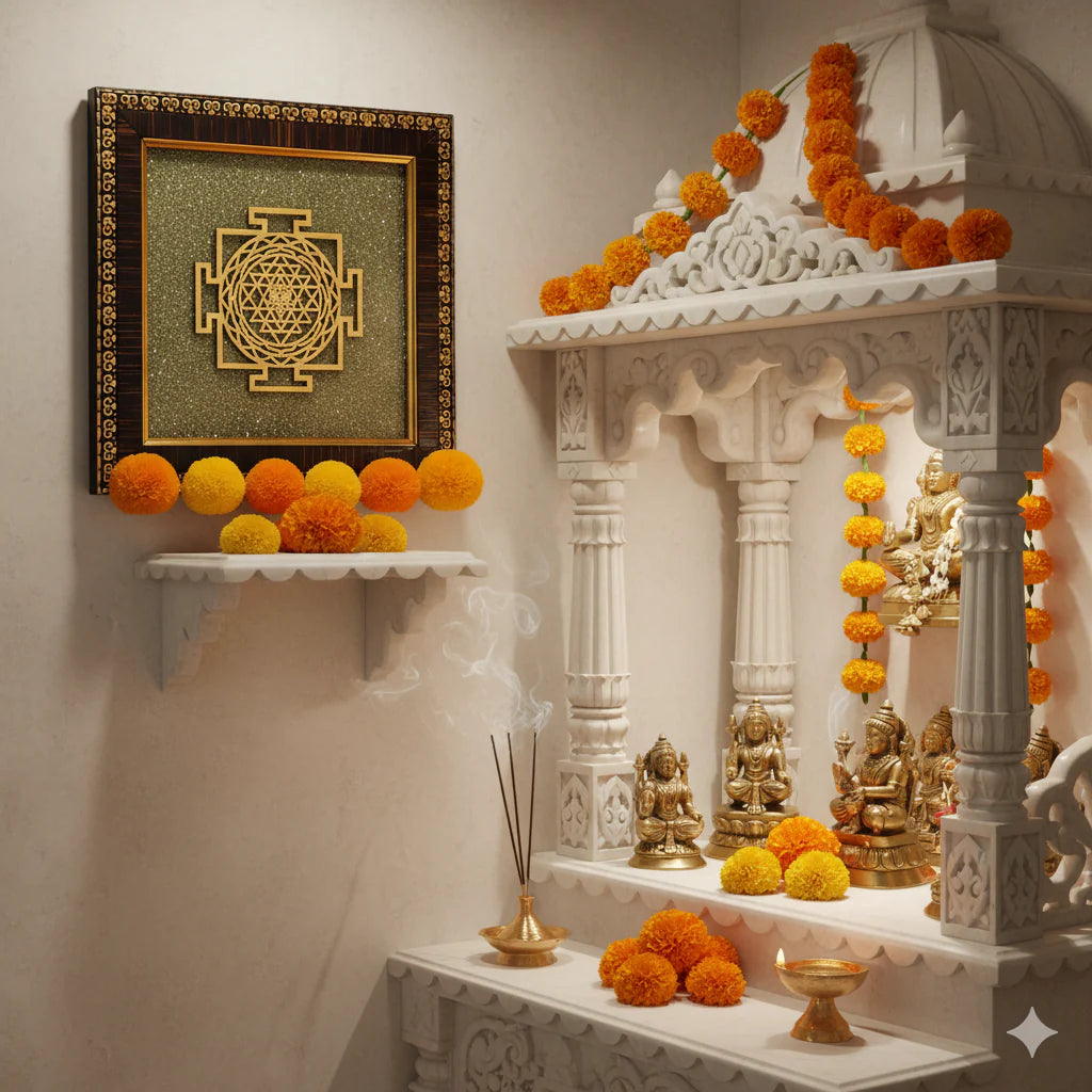 Shree Yantra on Raw Pyrite Stone Frame